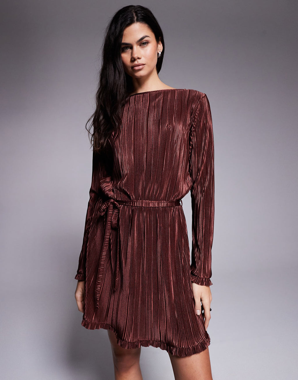ASOS DESIGN plisse long sleeve tie waist mini dress with frill detailing in chocolate
