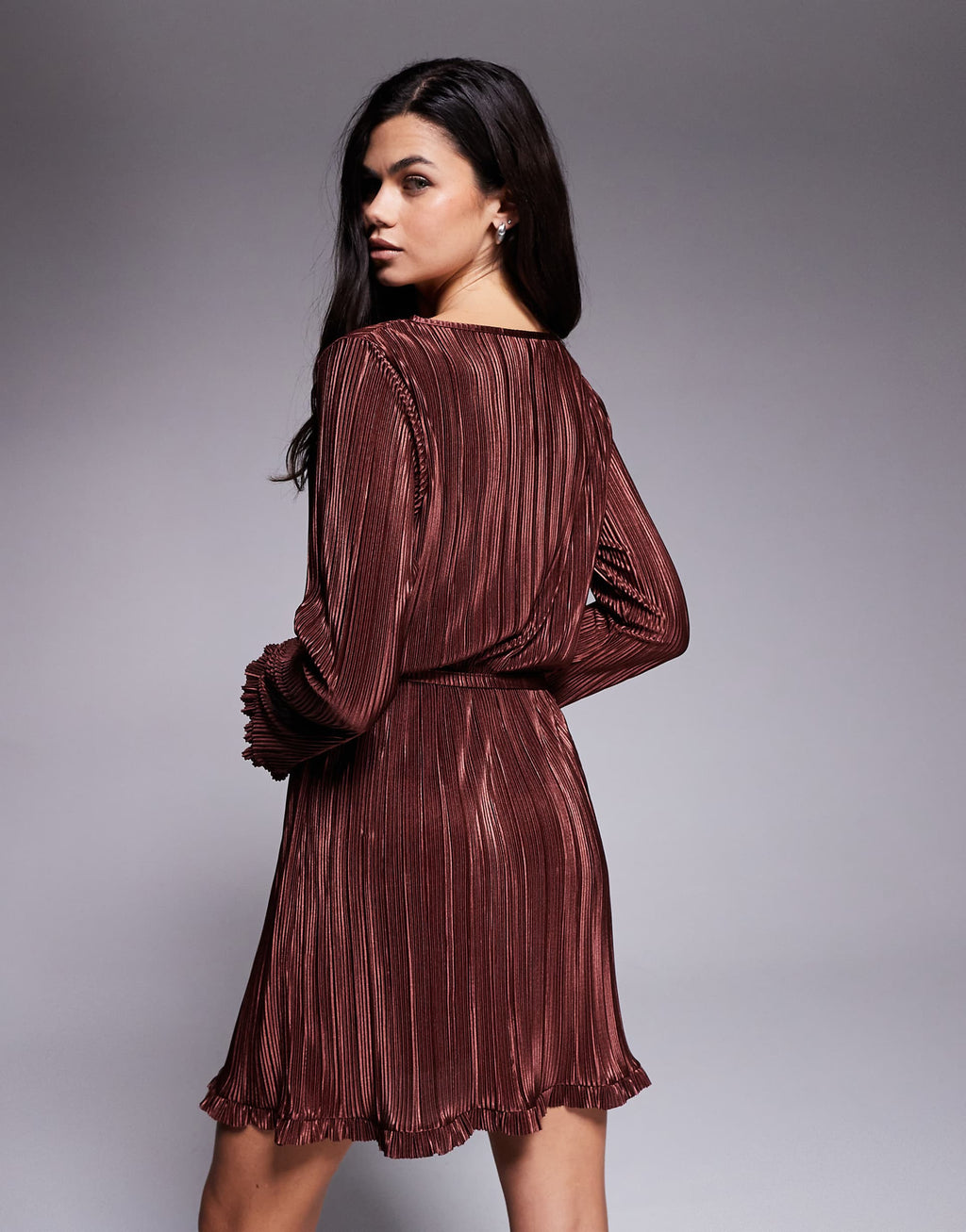 ASOS DESIGN plisse long sleeve tie waist mini dress with frill detailing in chocolate