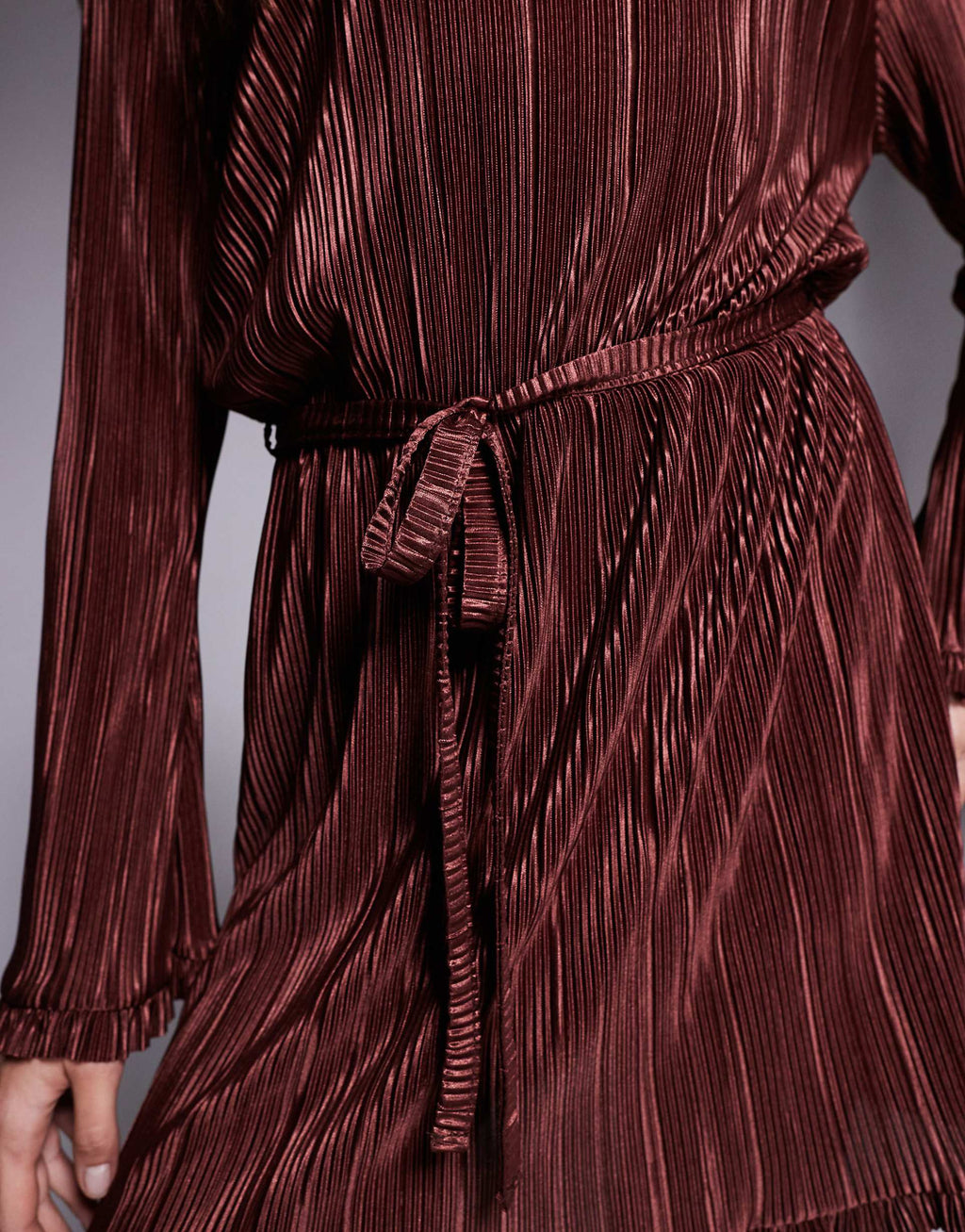 ASOS DESIGN plisse long sleeve tie waist mini dress with frill detailing in chocolate