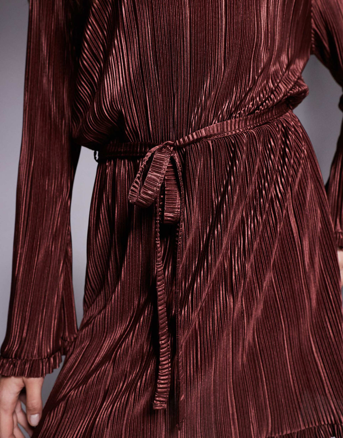 ASOS DESIGN plisse long sleeve tie waist mini dress with frill detailing in chocolate