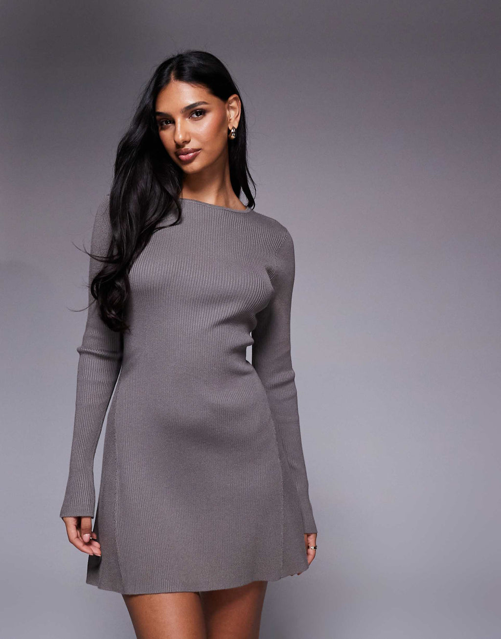 Kaiia knit high neck flared sleeves mini sweater dress in mocha