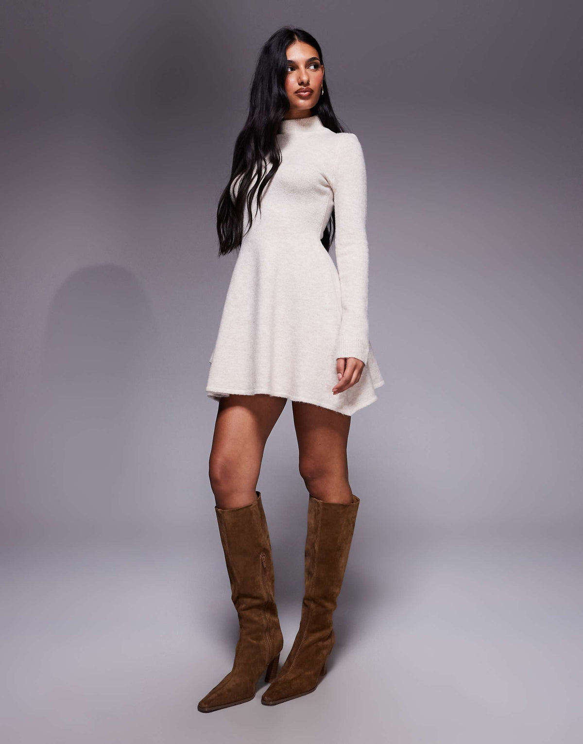 Kaiia exclusive knitted high neck skater mini dress in cream