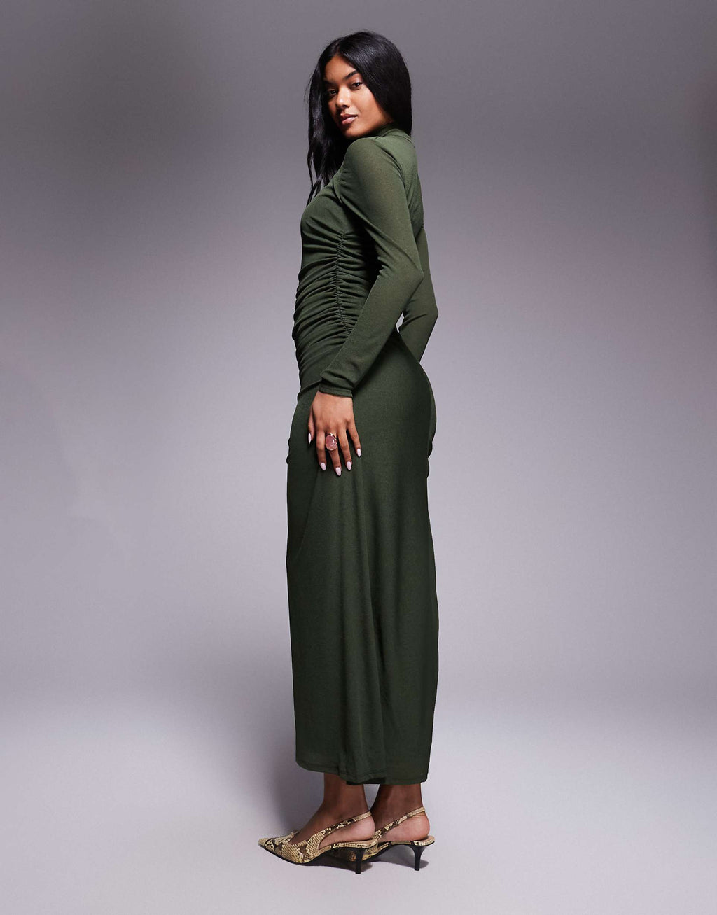 ASOS DESIGN high neck long sleeve asymmetric hem maxi dress in khaki