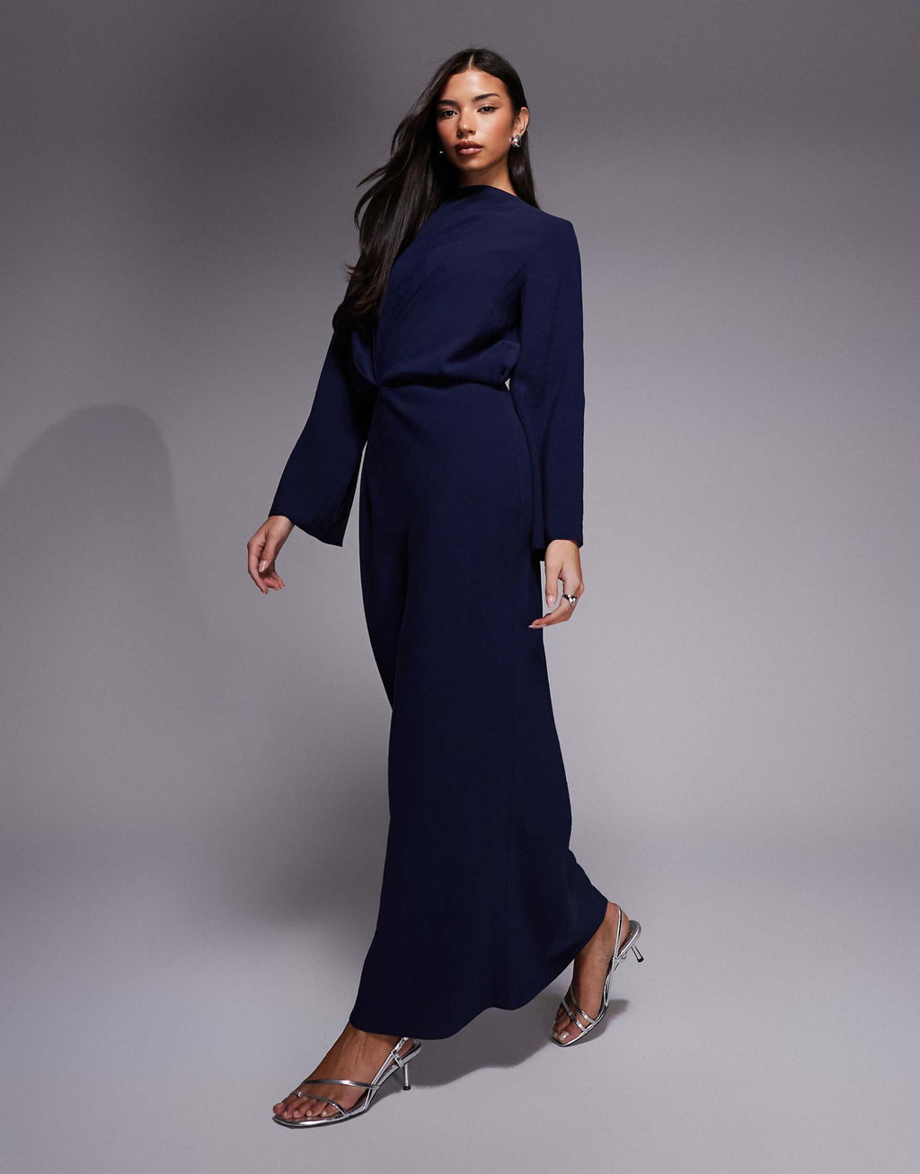 ASOS DESIGN long sleeve tucked waist bias cut maxi dress in chocolate