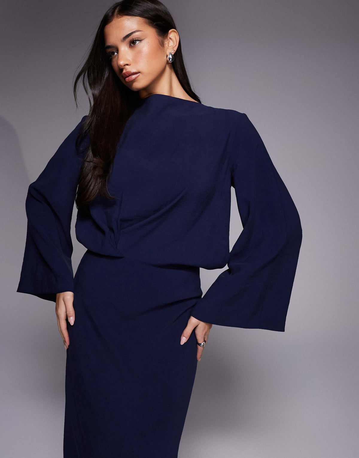 ASOS DESIGN long sleeve tucked waist bias cut maxi dress in chocolate