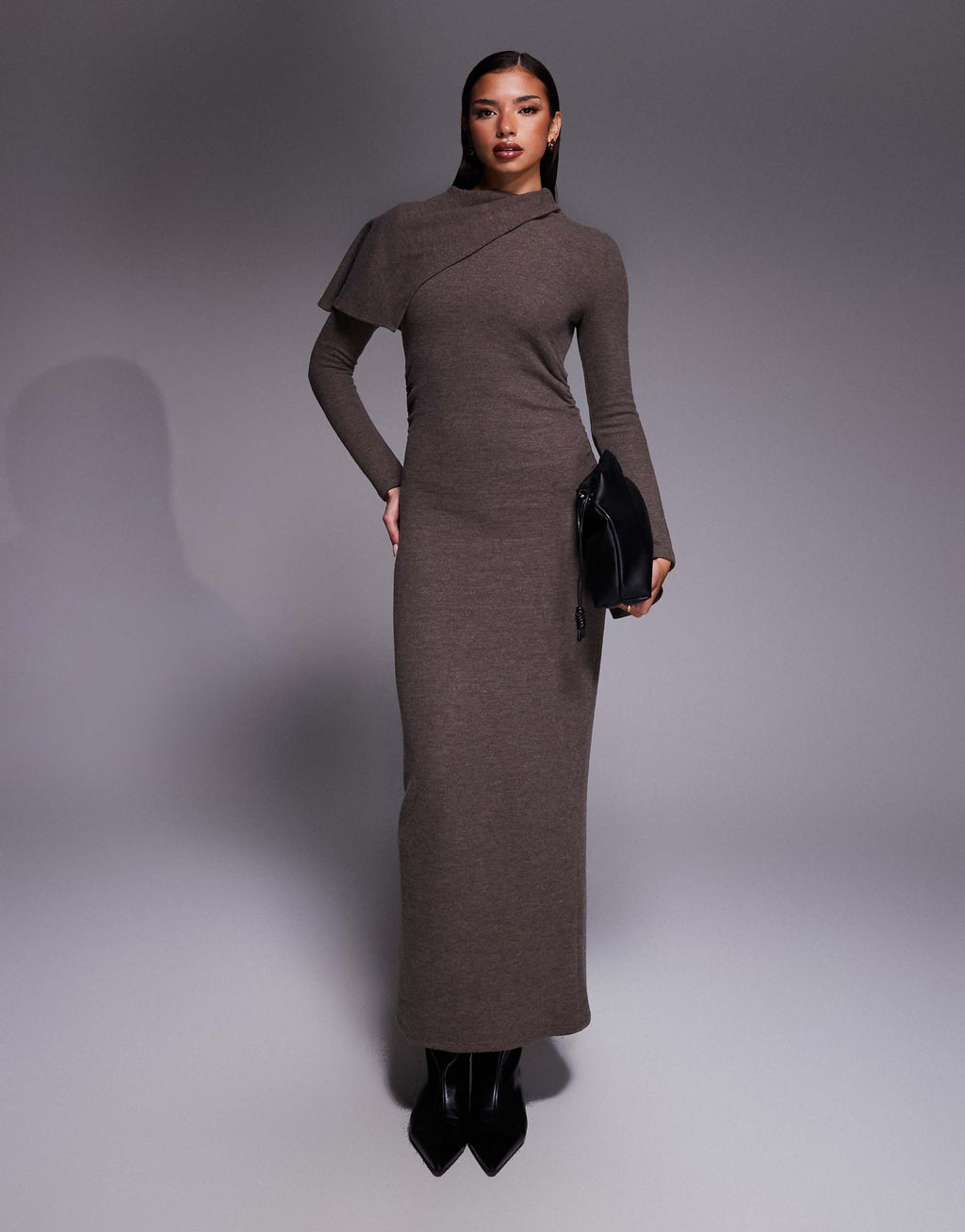 ASOS DESIGN supersoft long sleeve fold over cape detail midi dress in chocolate