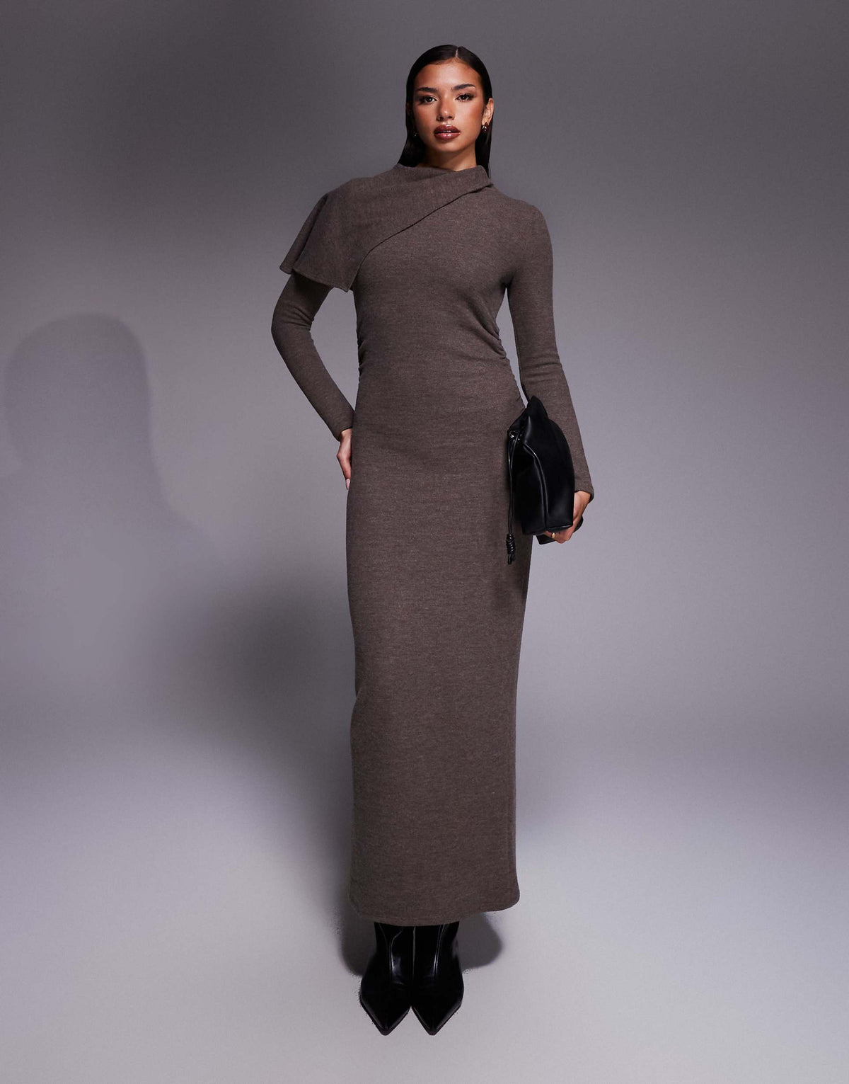 ASOS DESIGN supersoft long sleeve fold over cape detail midi dress in chocolate