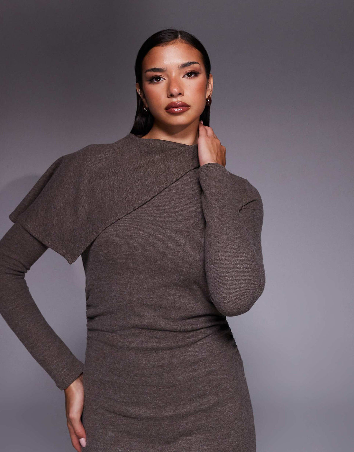 ASOS DESIGN supersoft long sleeve fold over cape detail midi dress in chocolate
