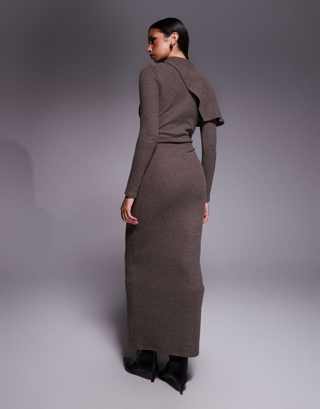 ASOS DESIGN supersoft long sleeve fold over cape detail midi dress in chocolate