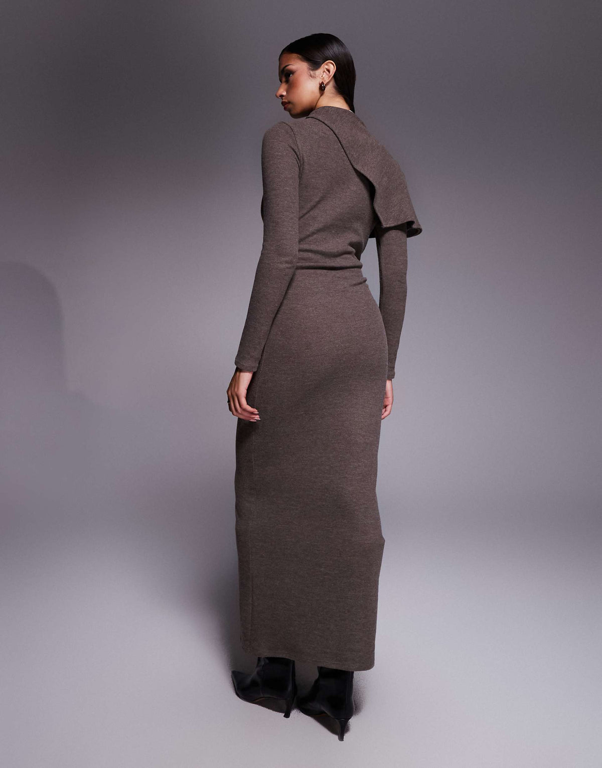 ASOS DESIGN supersoft long sleeve fold over cape detail midi dress in chocolate