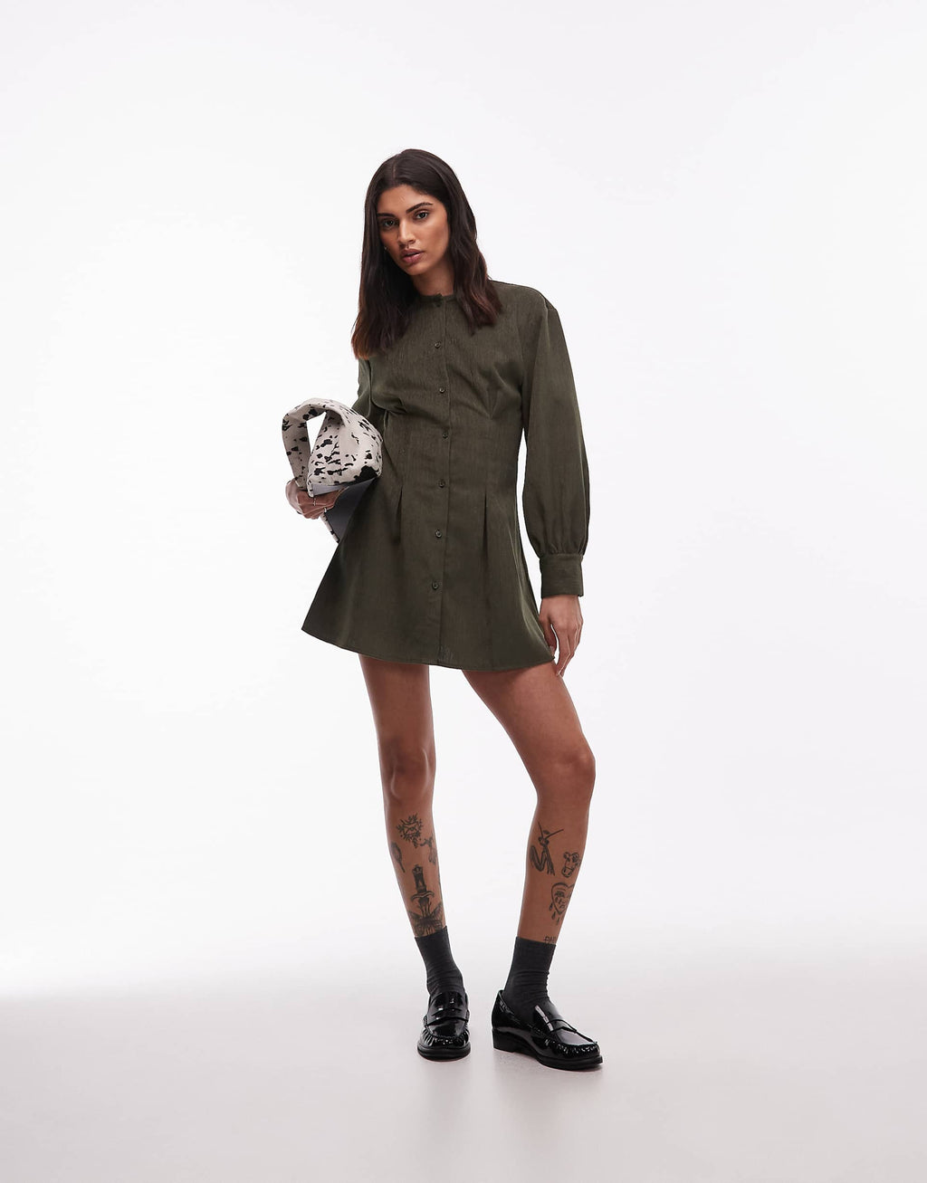 ASOS DESIGN cord round neck button up waisted mini dress in olive