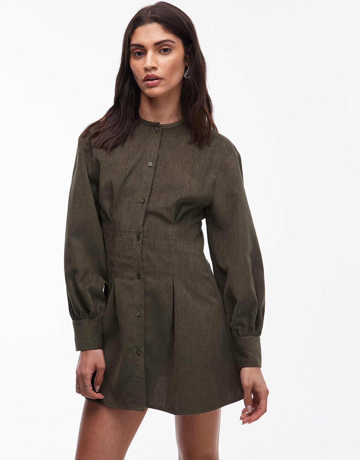 ASOS DESIGN cord round neck button up waisted mini dress in olive