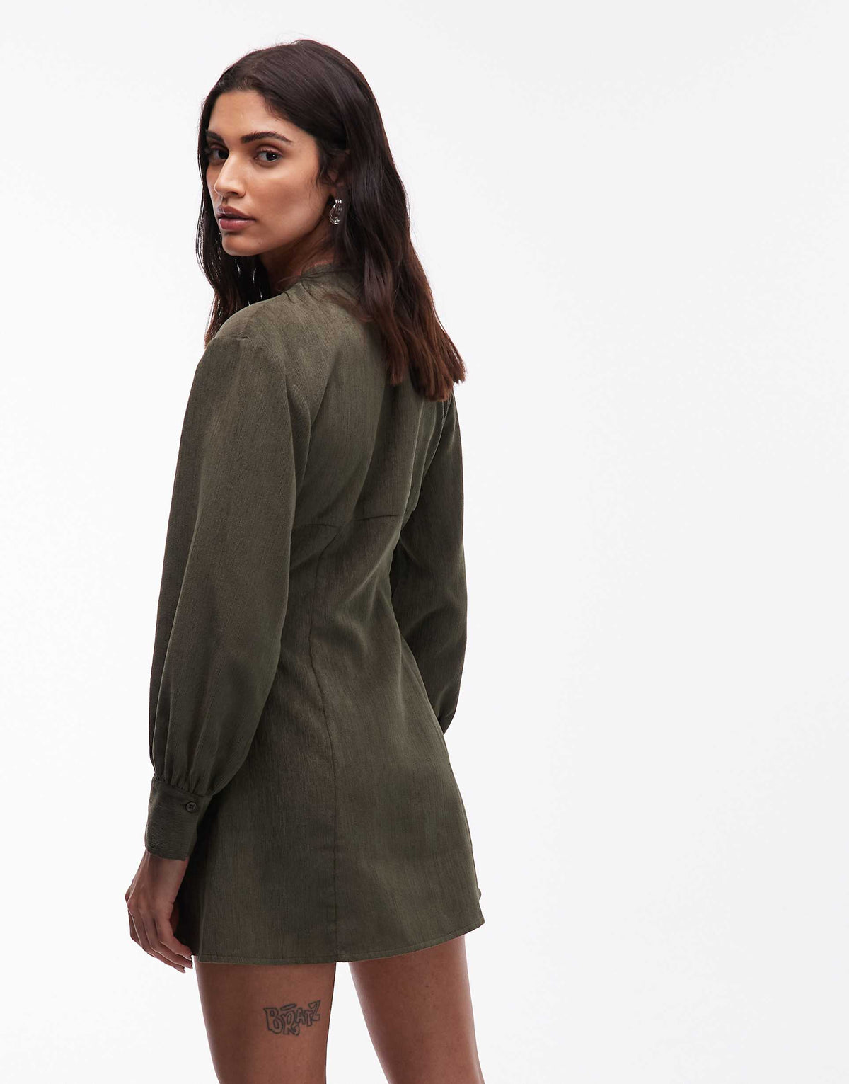 ASOS DESIGN cord round neck button up waisted mini dress in olive