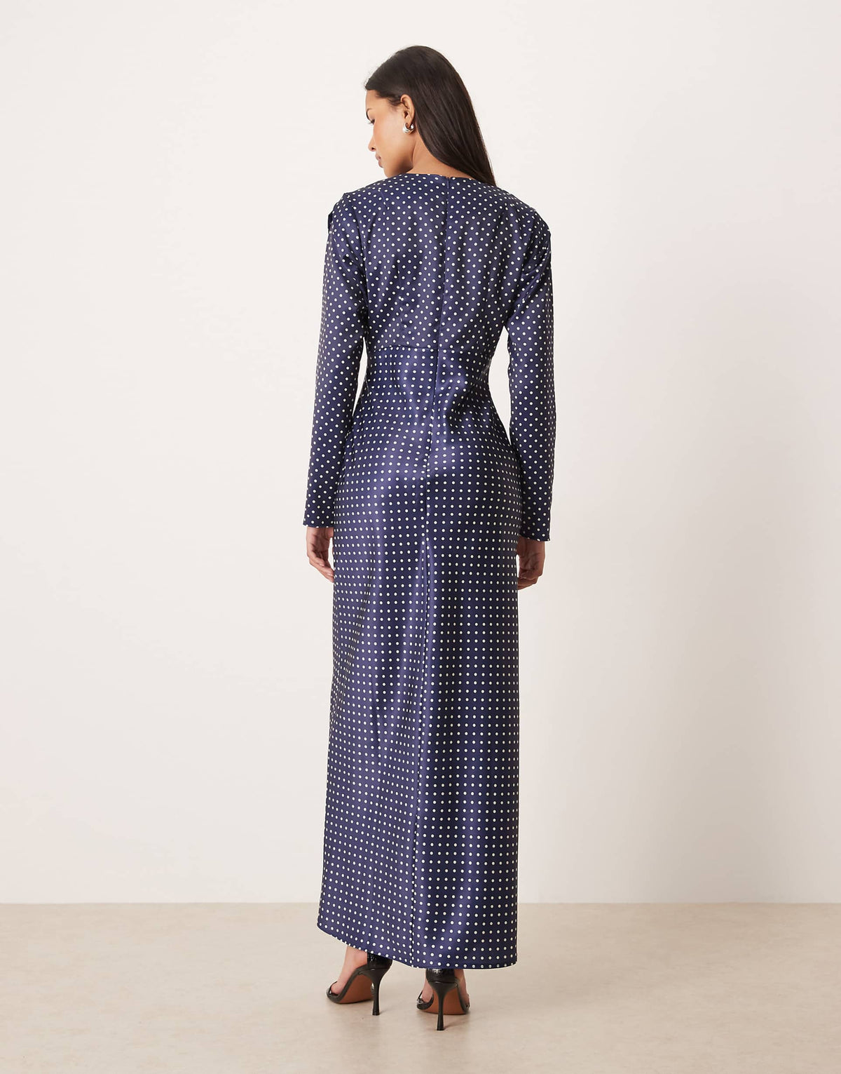 ASOS DESIGN bias cut bust detail satin maxi dress in navy polka dots