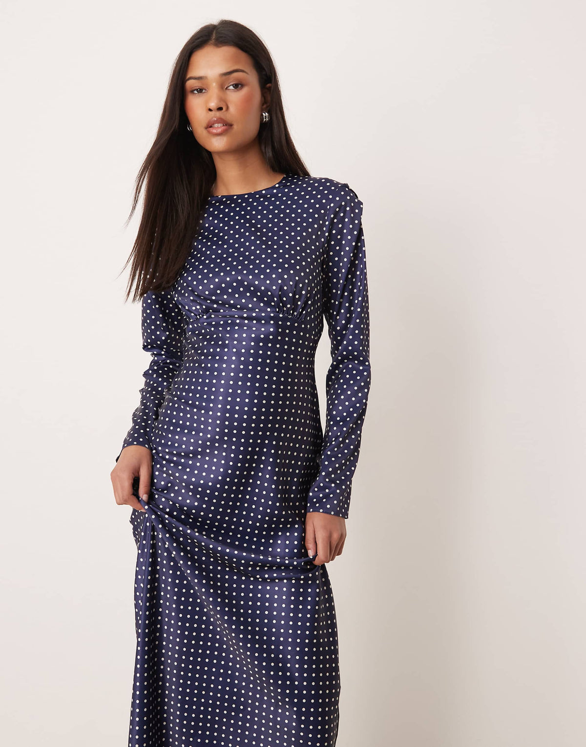 ASOS DESIGN bias cut bust detail satin maxi dress in navy polka dots