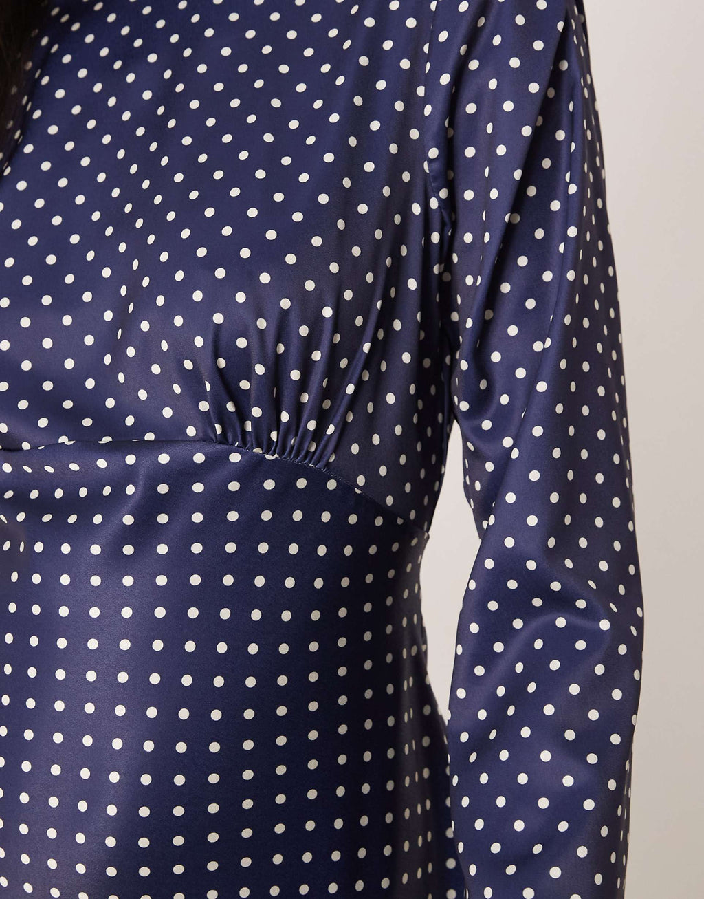ASOS DESIGN bias cut bust detail satin maxi dress in navy polka dots
