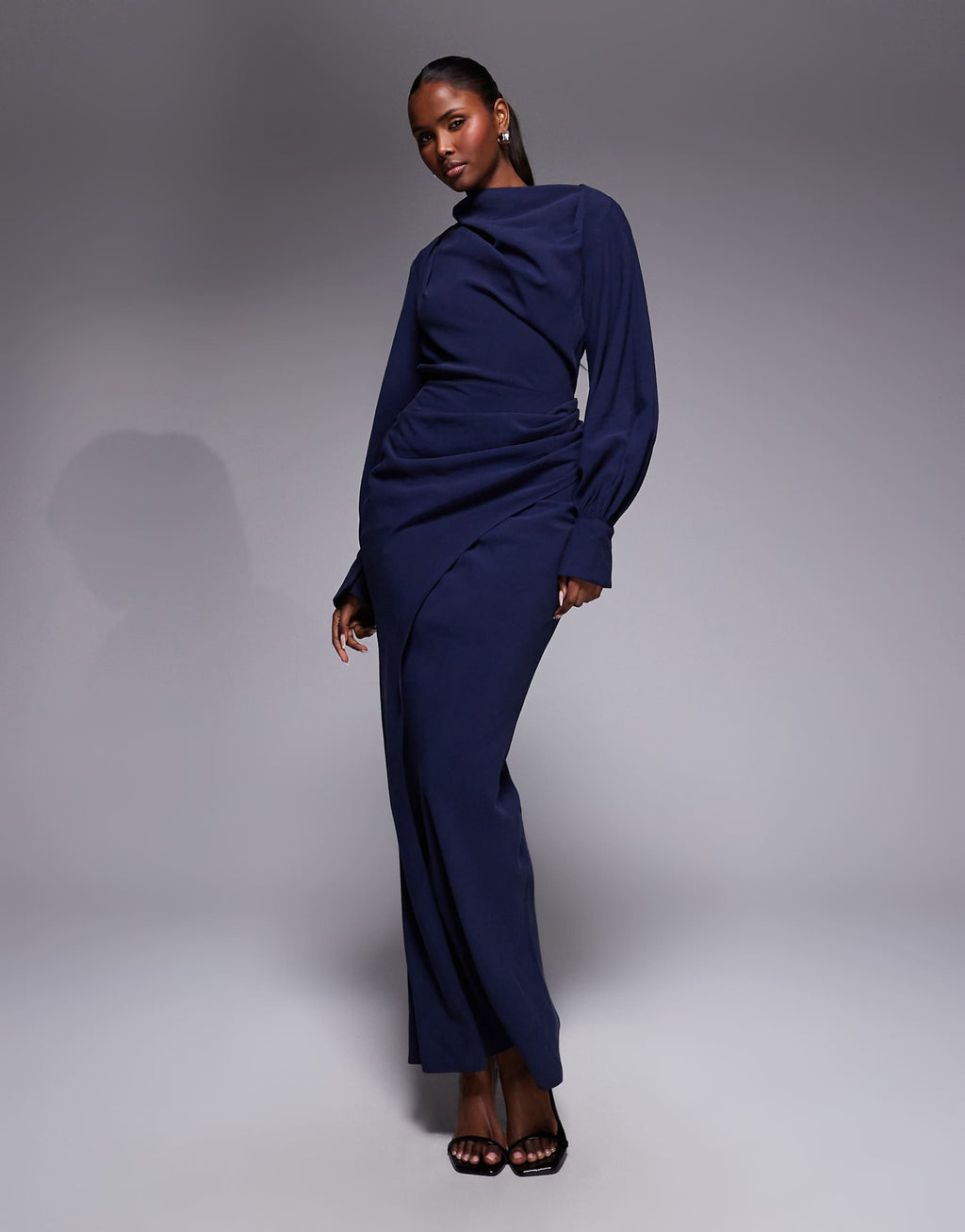 ASOS DESIGN high neck draped maxi dress with draped skirt in navy