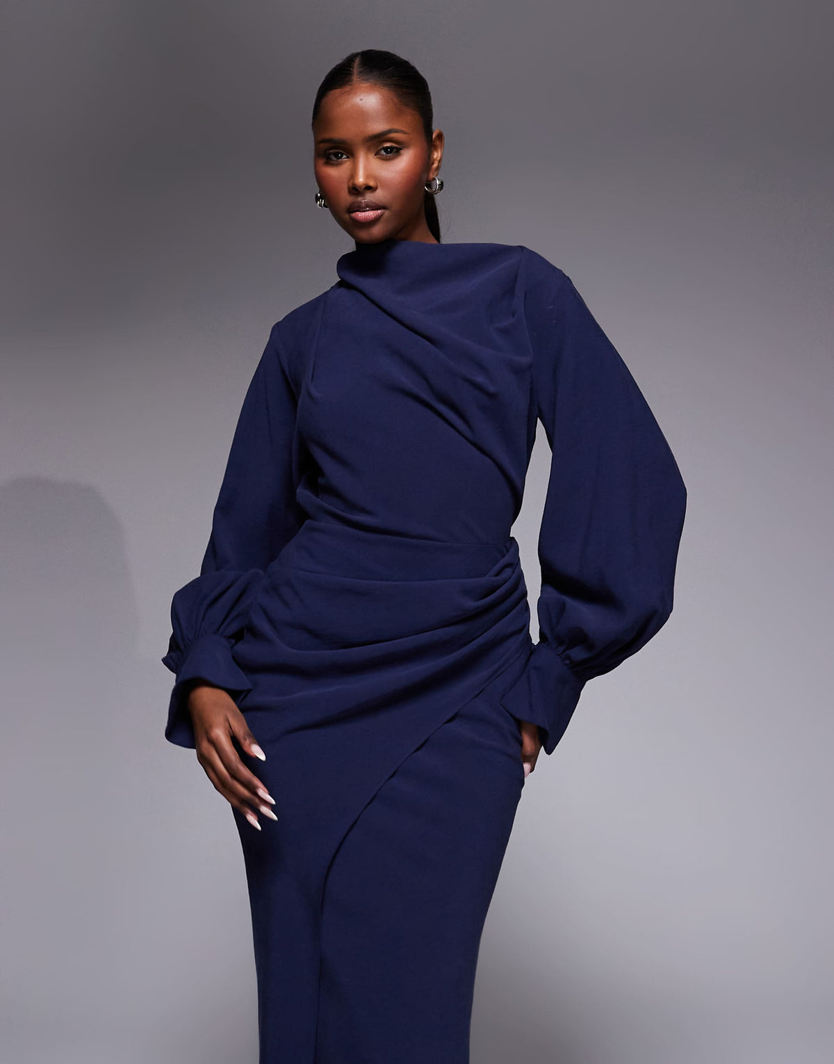ASOS DESIGN high neck draped maxi dress with draped skirt in navy