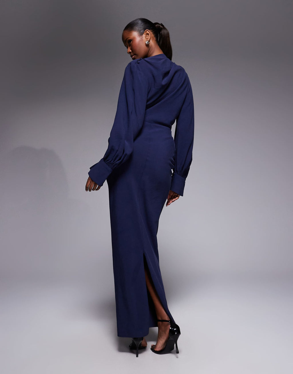 ASOS DESIGN high neck draped maxi dress with draped skirt in navy