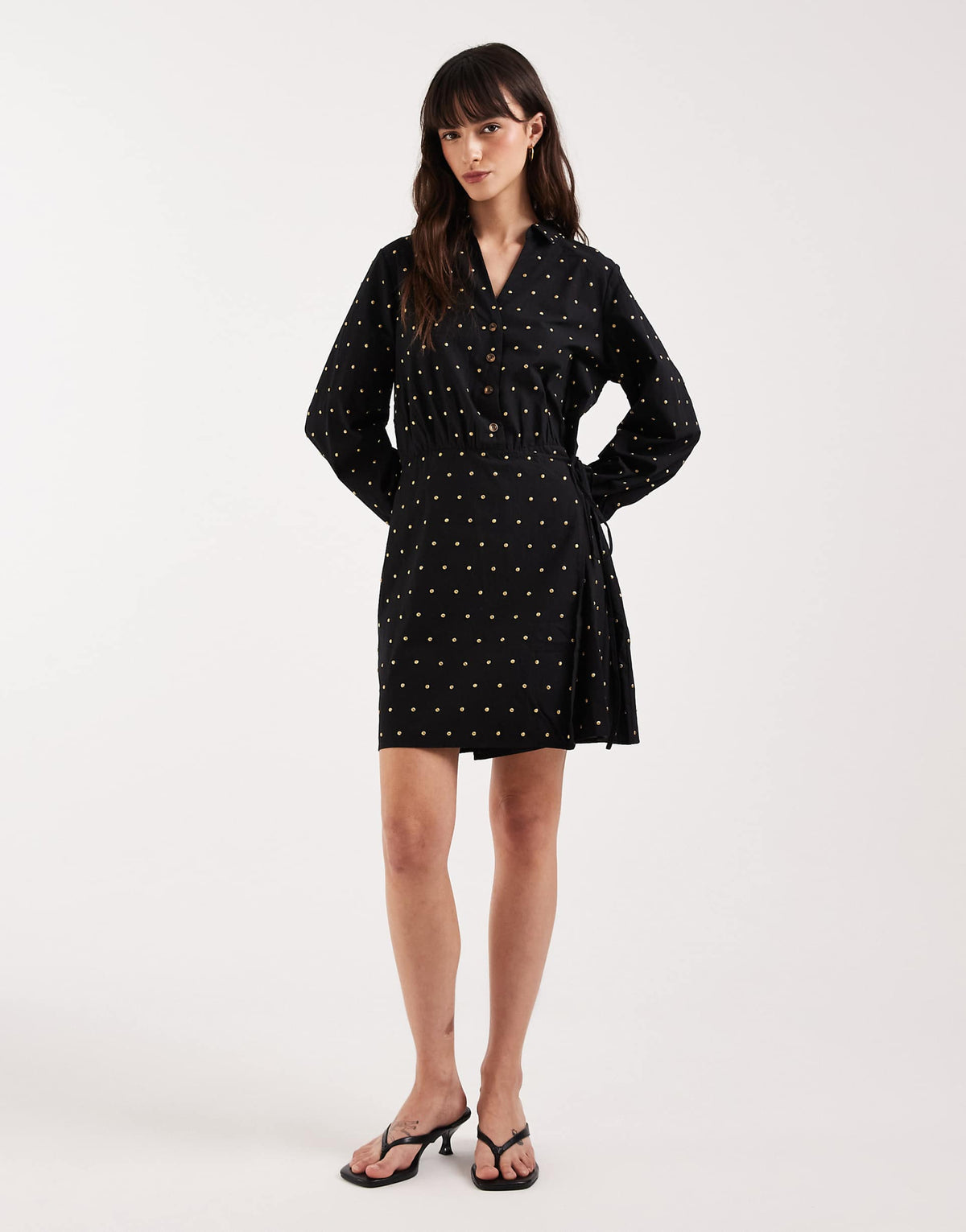 Never Fully Dressed cotton iron-on detailing mini wrap shirt dress in black