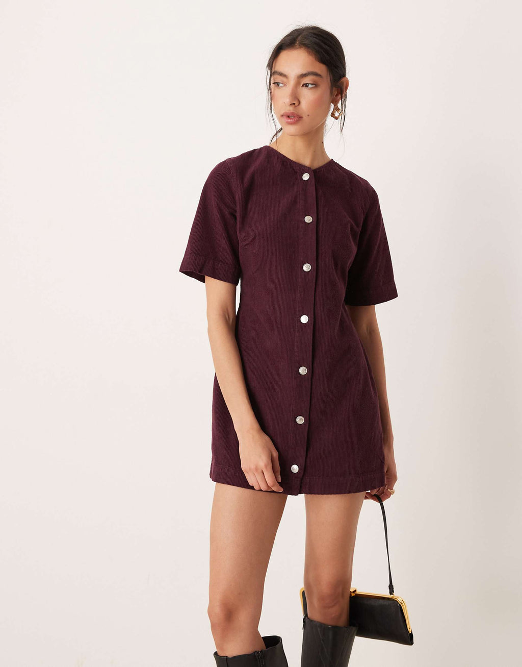 ASOS DESIGN corduroy button through mini dress in plum
