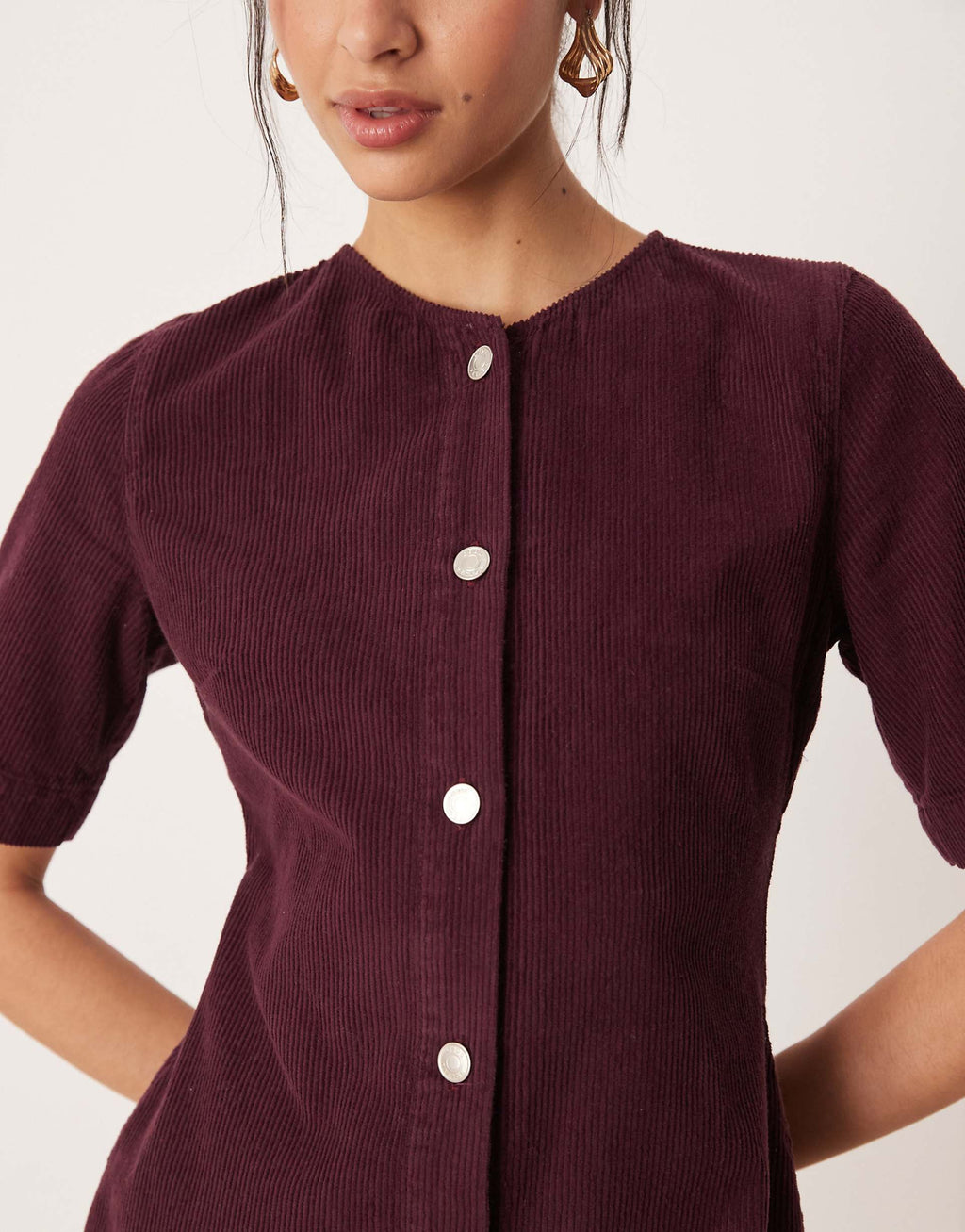 ASOS DESIGN corduroy button through mini dress in plum