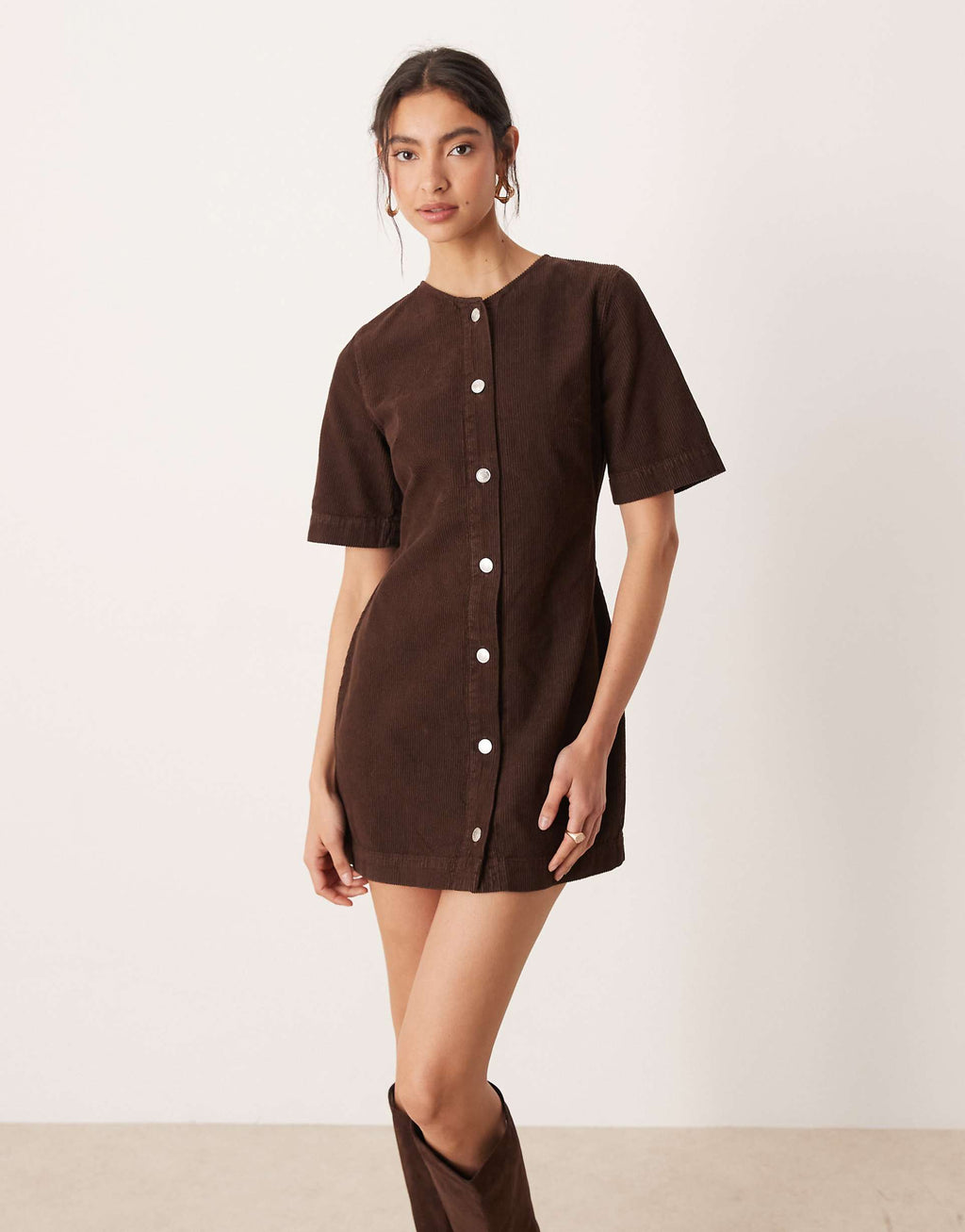 ASOS DESIGN corduroy button through mini dress in chocolate brown