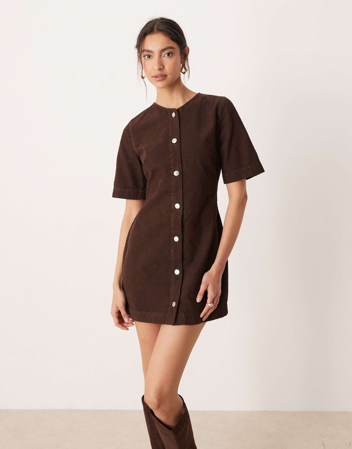 ASOS DESIGN corduroy button through mini dress in chocolate brown
