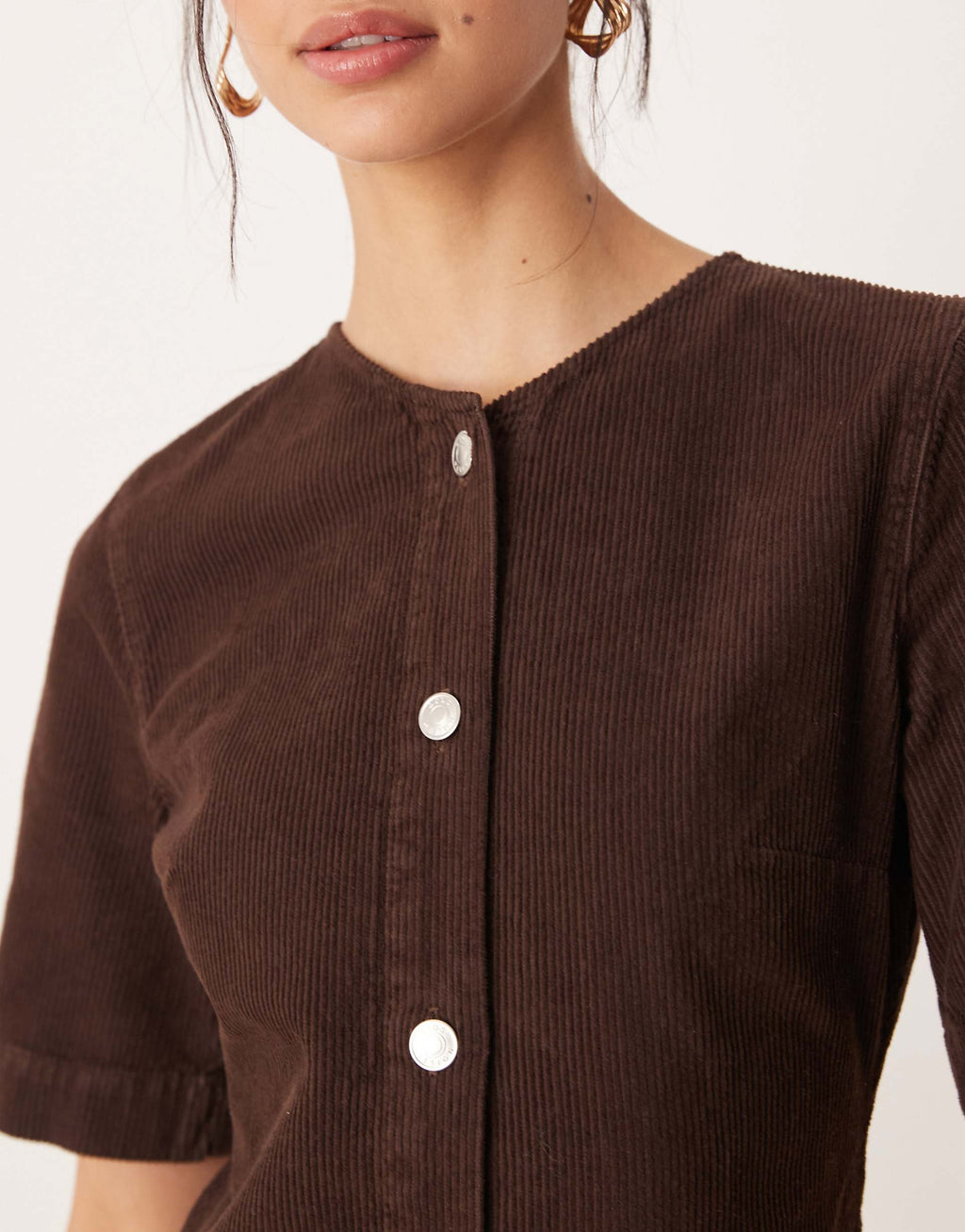 ASOS DESIGN corduroy button through mini dress in chocolate brown