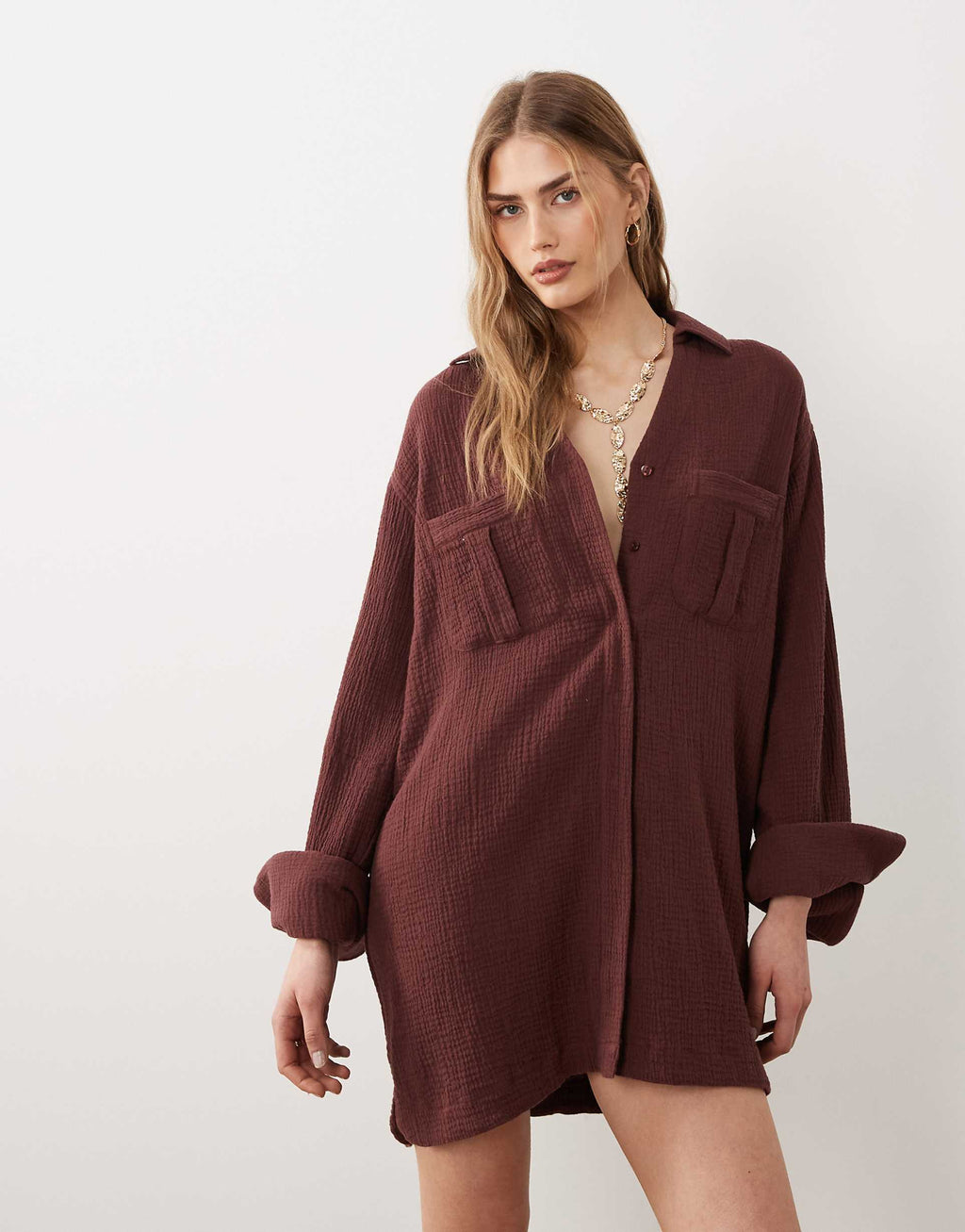 ASOS DESIGN double cloth mini shirt dress with wide cuffs and oversized pockets in warm chocolate