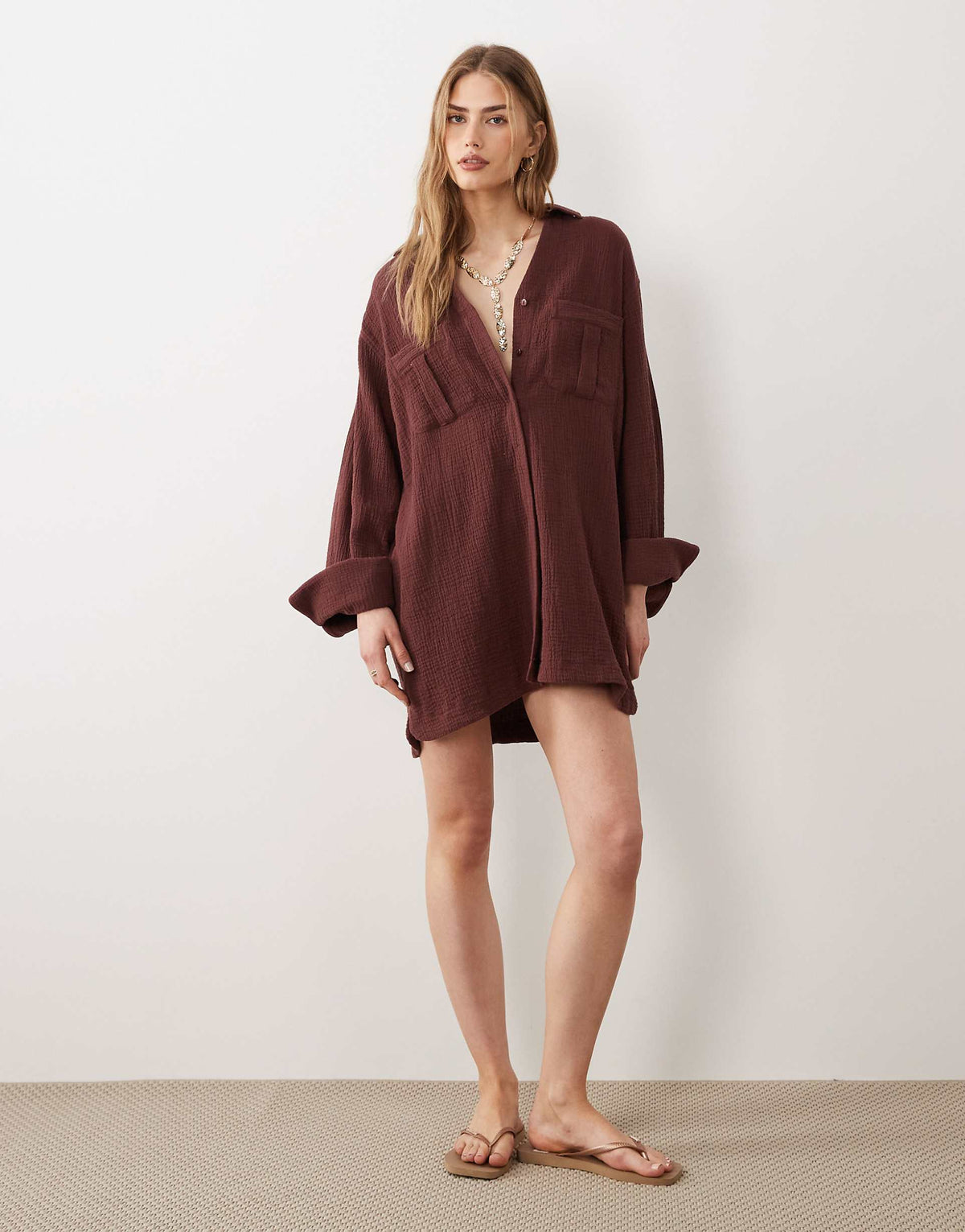 ASOS DESIGN double cloth mini shirt dress with wide cuffs and oversized pockets in warm chocolate