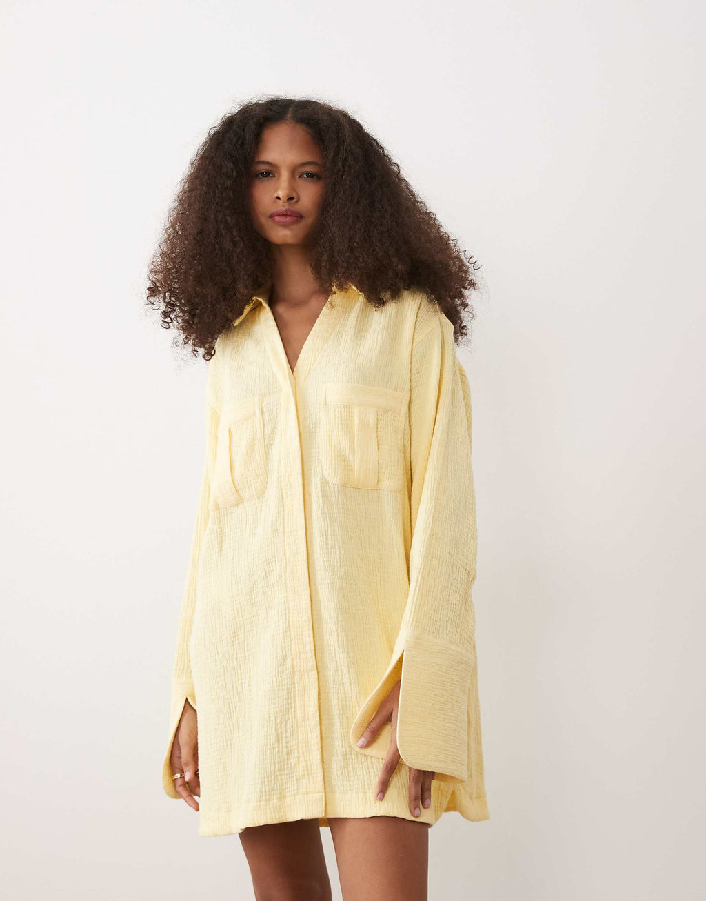 ASOS DESIGN double cloth mini shirt dress with wide cuffs and oversized pockets in lemon