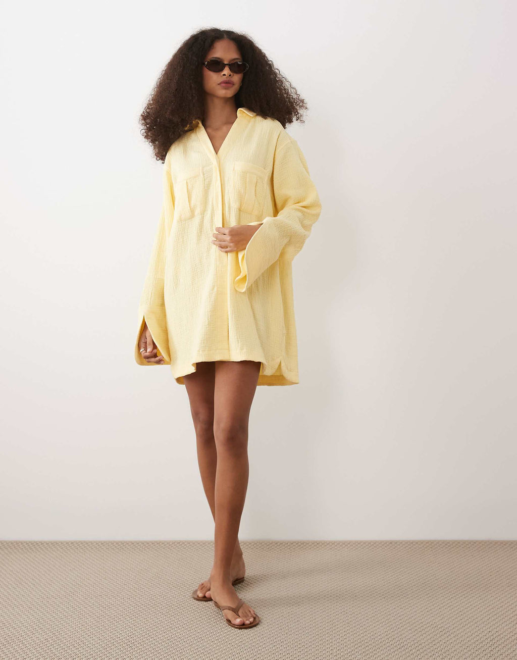 ASOS DESIGN double cloth mini shirt dress with wide cuffs and oversized pockets in lemon