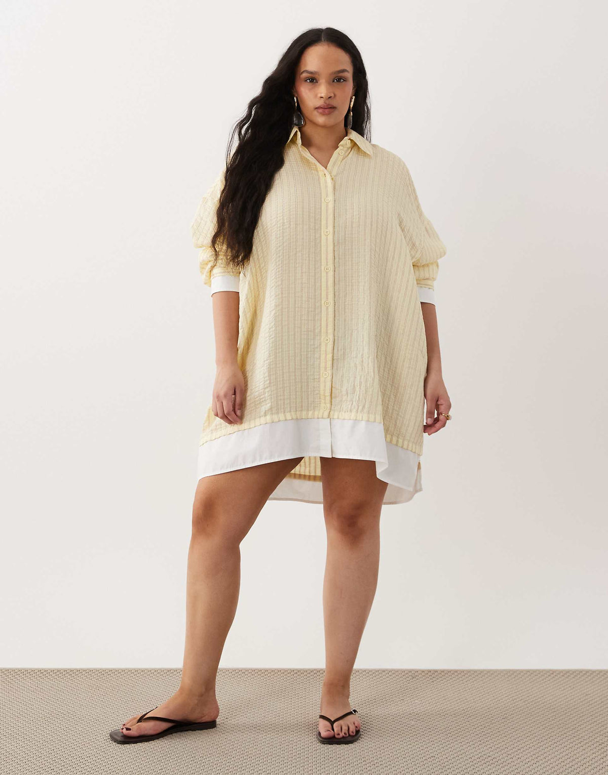 ASOS DESIGN Curve oversized double layered shirt mini dress in yellow stripe