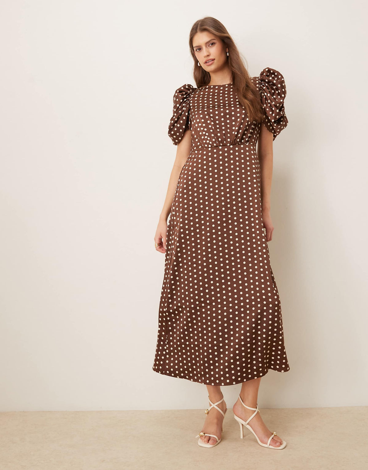 YAS ruched puff sleeve detail satin midi dress in chocolate polka dot print