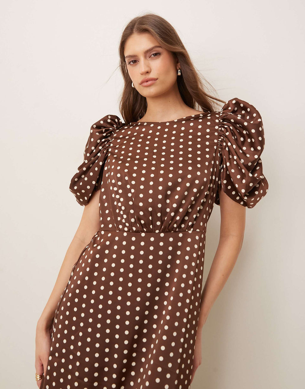 YAS ruched puff sleeve detail satin midi dress in chocolate polka dot print