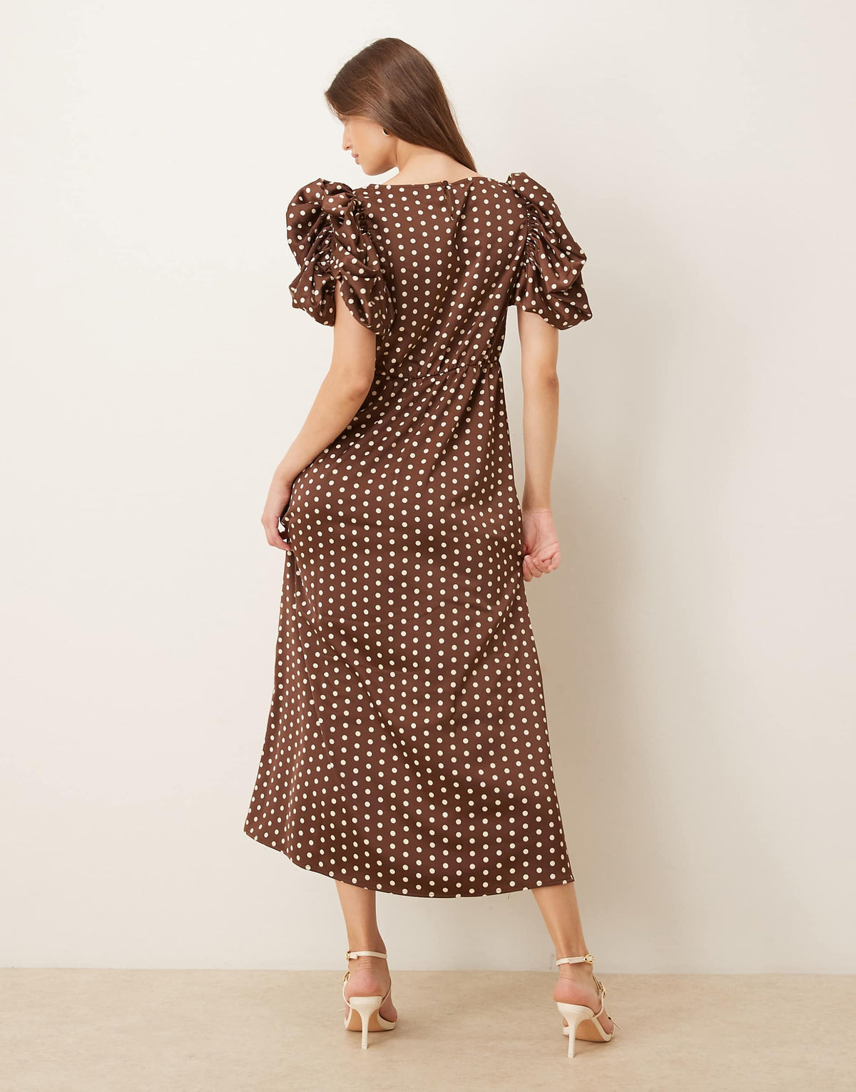 YAS ruched puff sleeve detail satin midi dress in chocolate polka dot print