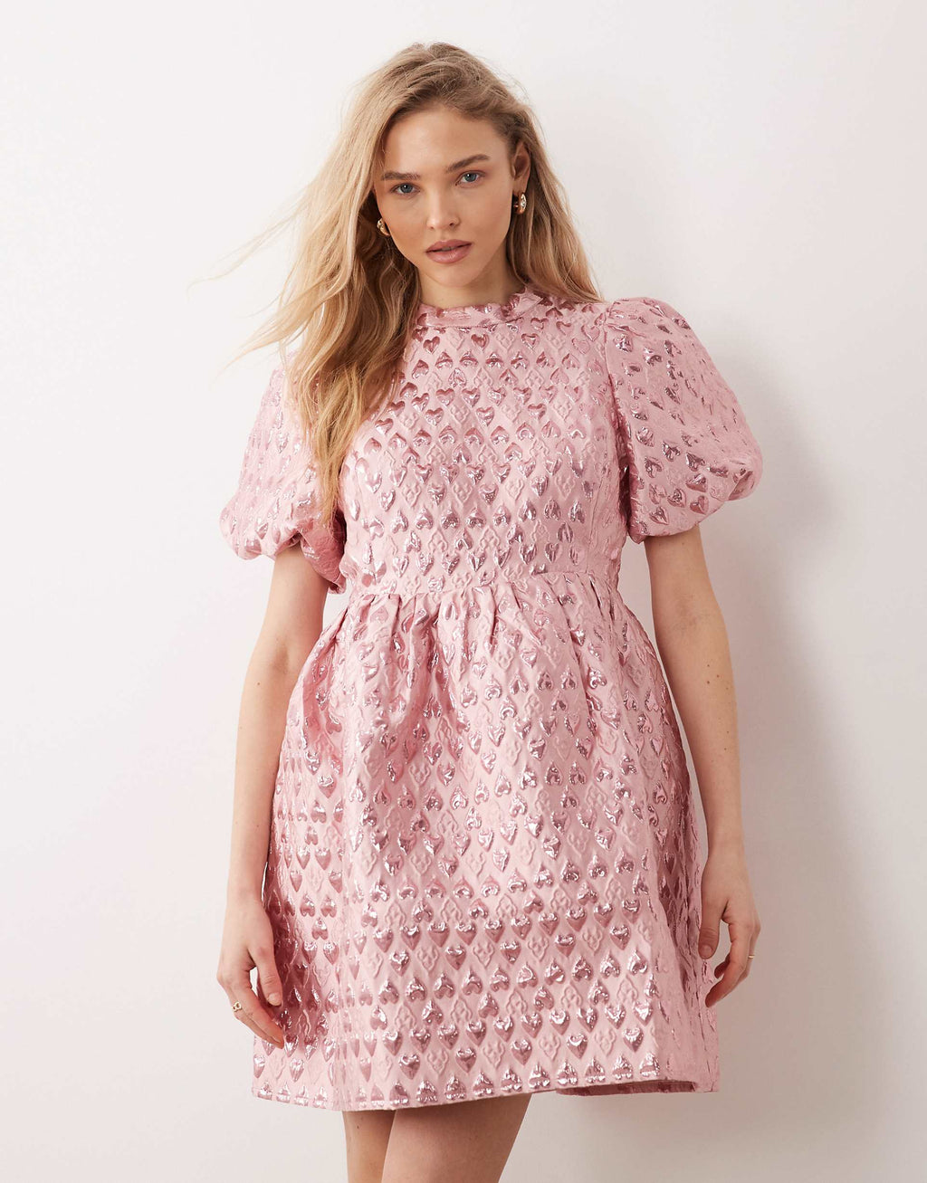 YAS puff sleeve heart jacquard mini dress in pink