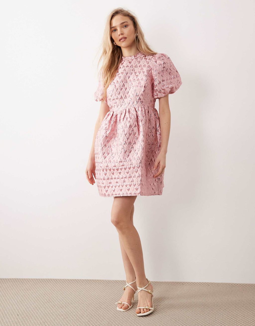 YAS puff sleeve heart jacquard mini dress in pink