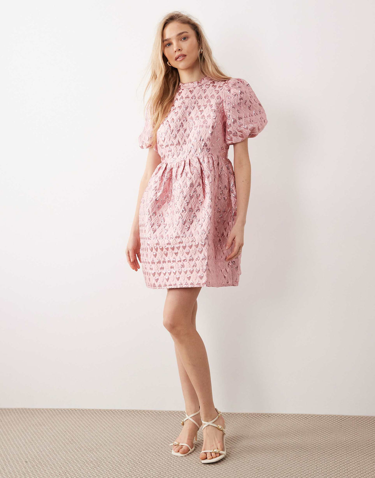 YAS puff sleeve heart jacquard mini dress in pink