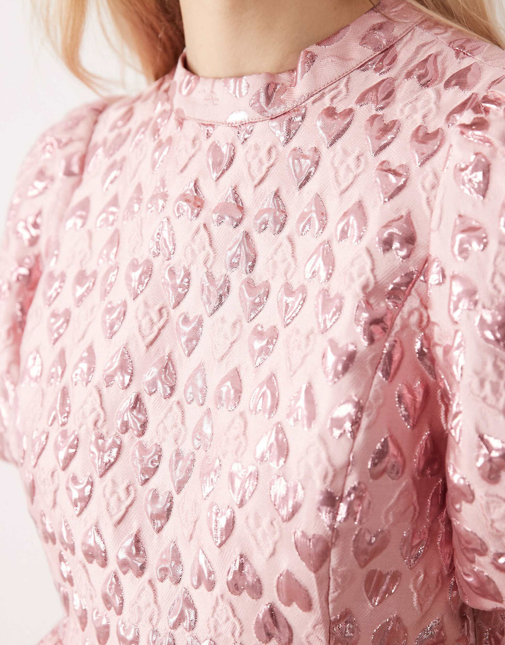 YAS puff sleeve heart jacquard mini dress in pink