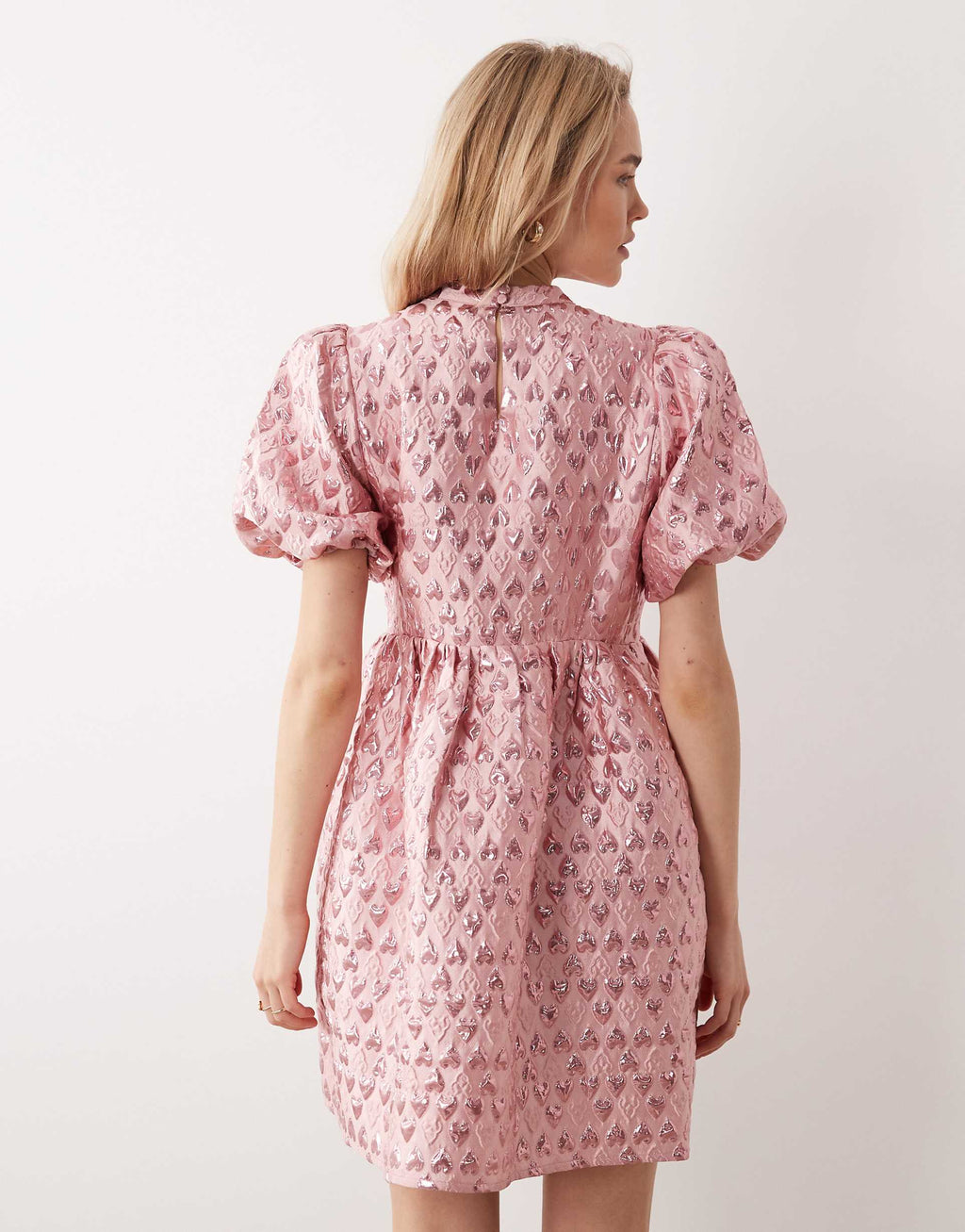 YAS puff sleeve heart jacquard mini dress in pink