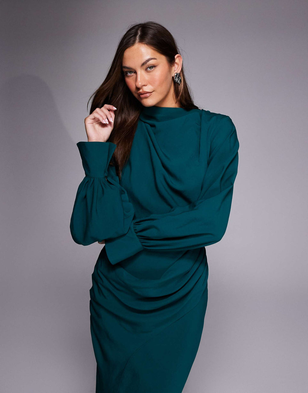 ASOS DESIGN Tall high neck drape maxi dress with drape skirt in teal