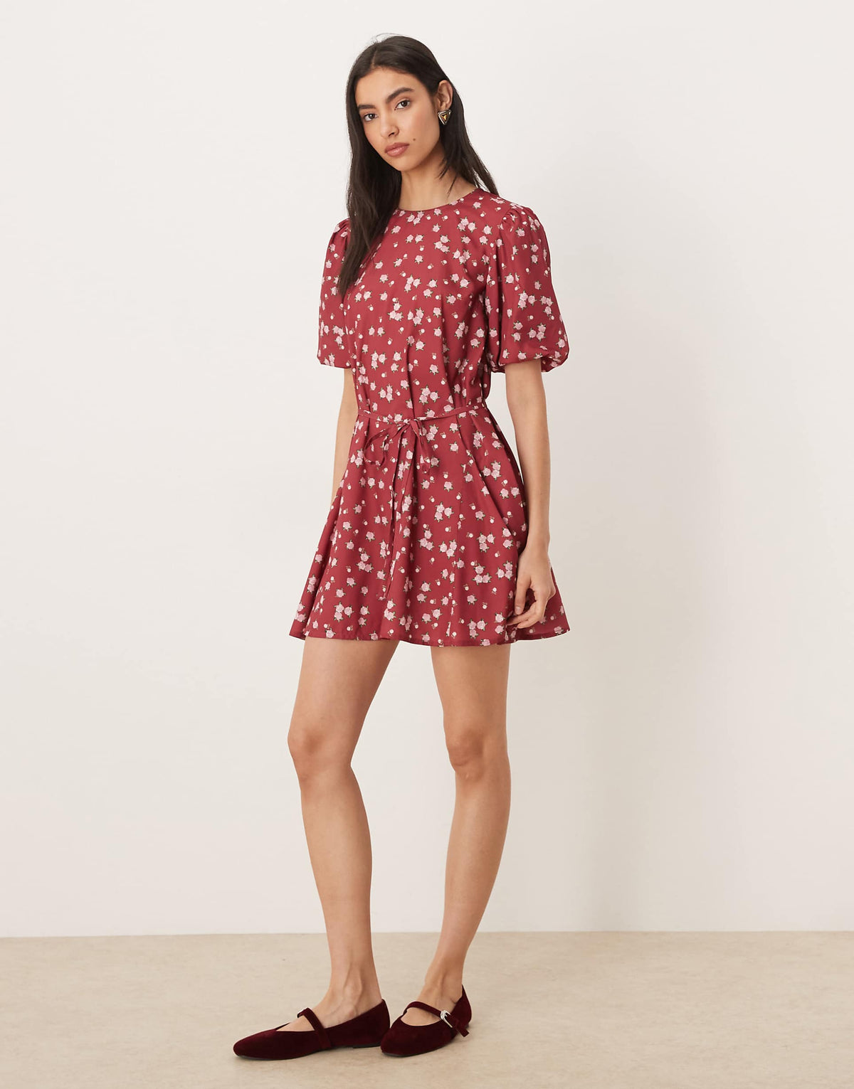 Wednesday's Girl short sleeve tie waist mini dress in berry floral