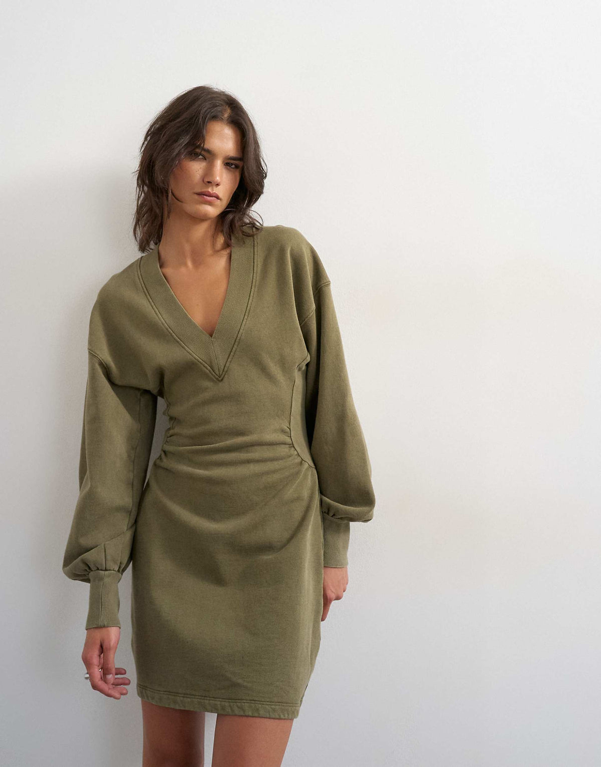 Topshop v-neck cinched waist sweatshirt mini dress in khaki