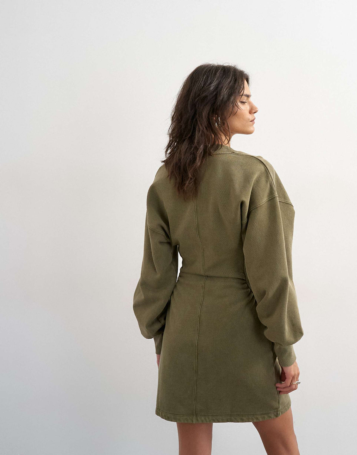 Topshop v-neck cinched waist sweatshirt mini dress in khaki