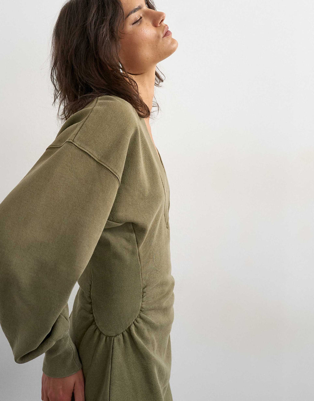 Topshop v-neck cinched waist sweatshirt mini dress in khaki