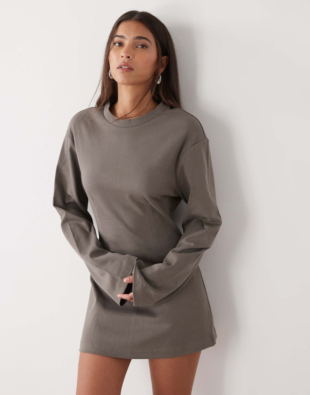 Monki cinched waist long sleeve mini dress in khaki