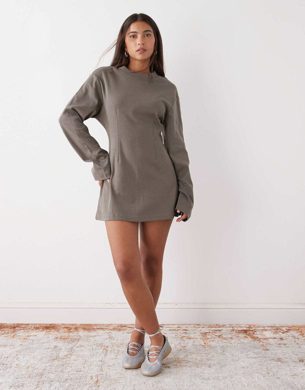 Monki cinched waist long sleeve mini dress in khaki