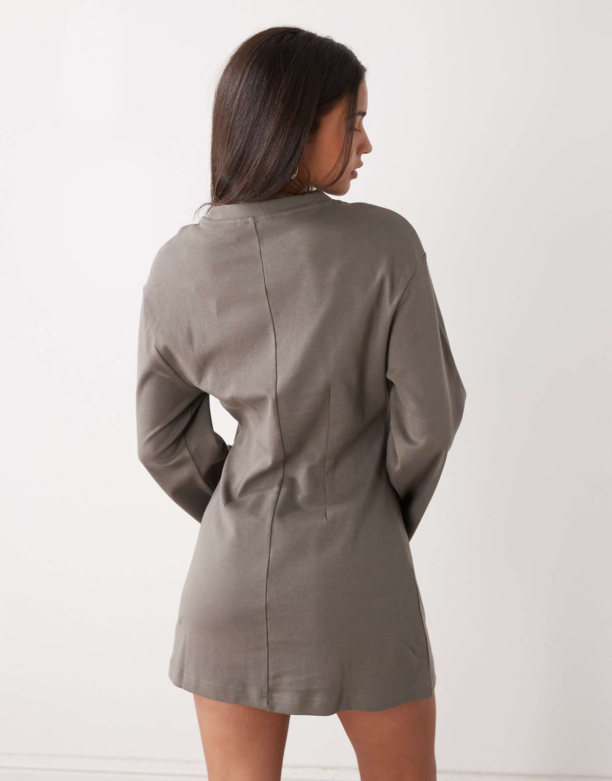 Monki cinched waist long sleeve mini dress in khaki